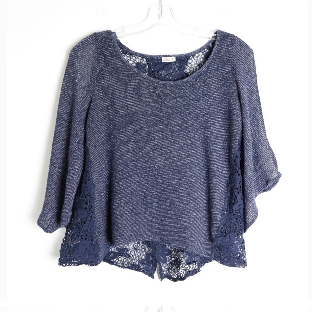 Hollister knit lace back top bell sleeve loose fit dark blue bohemian floral M